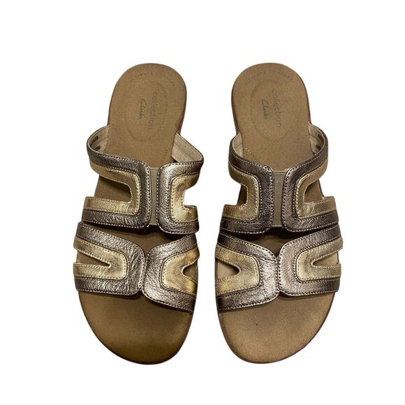 Clarks Ada Lilah Sandals 7 EU 37.5 Gold Leather Flat Slide Comfort Summer Casual - Picture 2 of 5